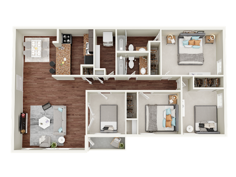 Floor plan for 4 beds, 2 baths, 1400 sqft