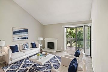Charlotte apartment for rent - A living room with a white couch and a blue rug.