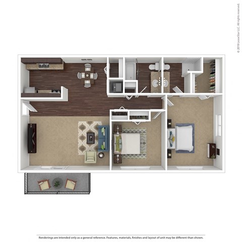 Floor plan for 2 beds, 2 baths, 947 sqft