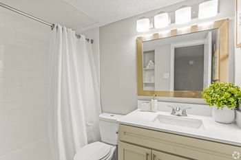 A bathroom with a shower and a sink and a mirror