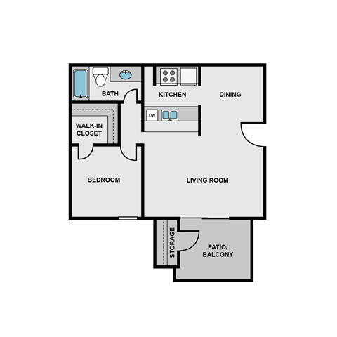 Floor plan for 1 bed, 1 bath, 582 sqft