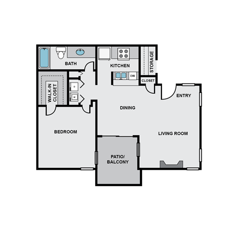 Floor plan for 1 bed, 1 bath, 756 sqft