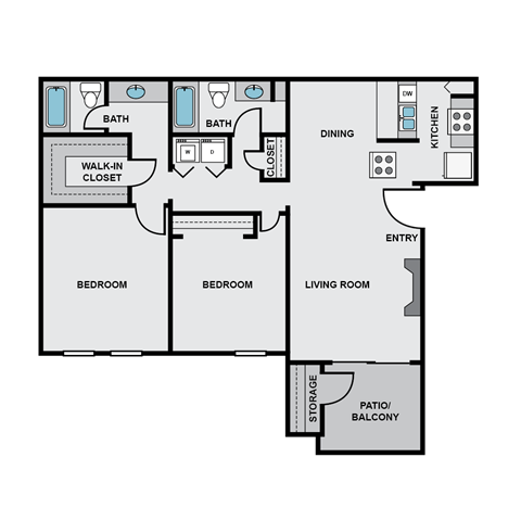 Floor plan for 2 beds, 2 baths, 983 sqft