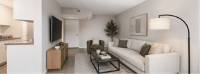 Sherman Oaks apartment for rent - A modern living room with a white couch, a black coffee table, and a flat-screen TV.