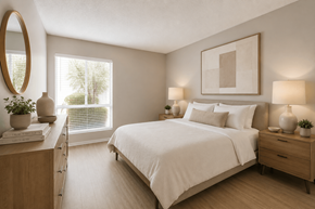 Sherman Oaks apartment for rent - A bedroom with a large bed, a dresser, and a mirror.