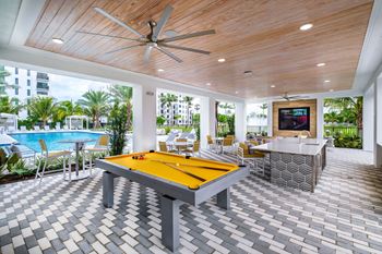 A pool room with a pool table and a bar