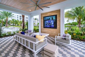 A patio with couches and a table and a television