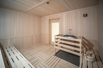 A wooden sauna with a bench and a door