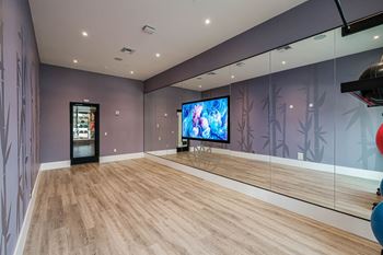 A large room with mirrored walls and a tv in the middle