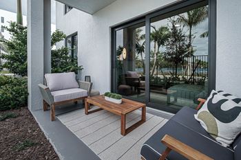 A patio with two chairs and a coffee table