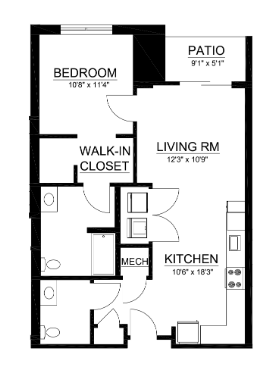 Floor plan for 1 bed, 1.5 baths, 866 sqft