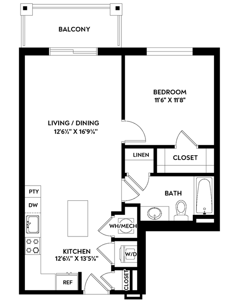 Floor plan for 1 bed, 1 bath, 764 sqft