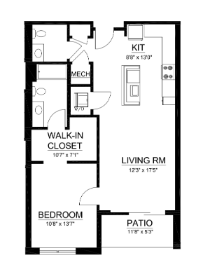 Floor plan for 1 bed, 1.5 baths, 887 sqft