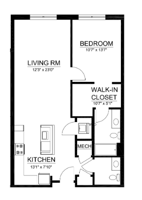 Floor plan for 1 bed, 1.5 baths, 897 sqft