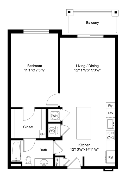 Floor plan for 1 bed, 1 bath, 948 sqft