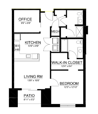 Floor plan for 1 bed, 2 baths, 991 sqft