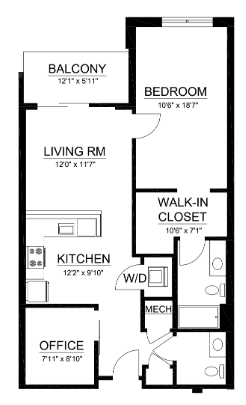 Floor plan for 1 bed, 1.5 baths, 965 sqft