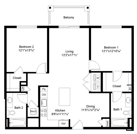 Floor plan for 2 beds, 2 baths, 1206 sqft