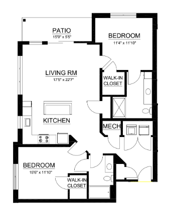 Floor plan for 2 beds, 2 baths, 1271 sqft