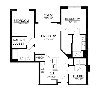 Floor plan for 2 beds, 2 baths, 1167 sqft