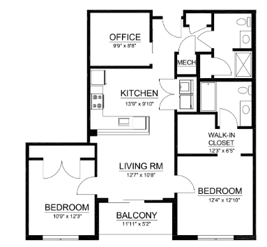 Floor plan for 2 beds, 2 baths, 1145 sqft