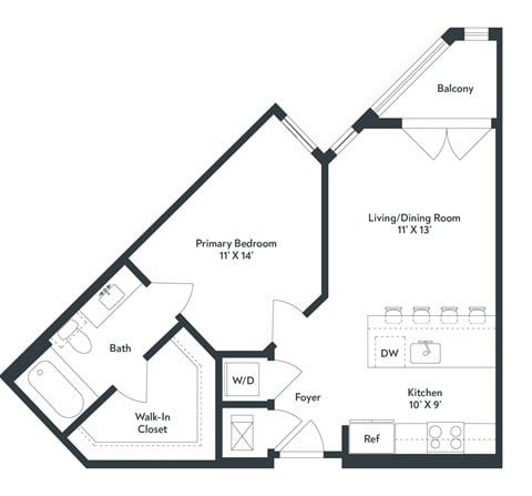 Floor plan for 1 bed, 1 bath, 615 sqft