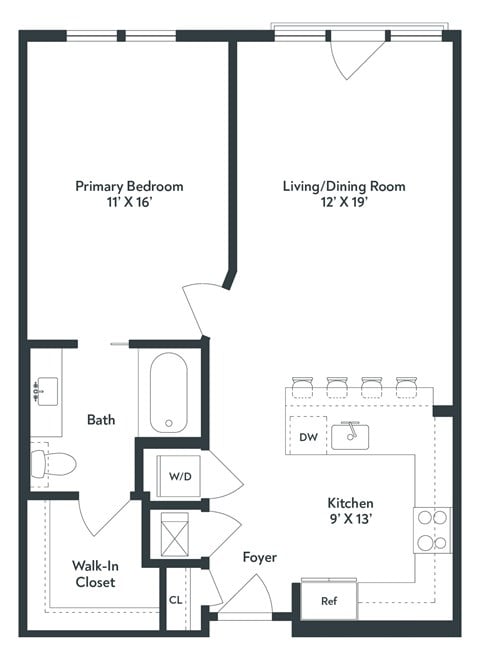 Floor plan for 1 bed, 1 bath, 793 sqft