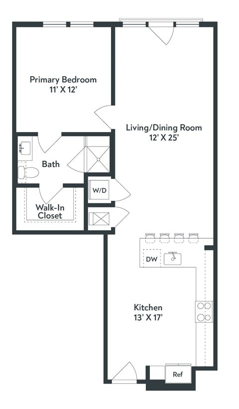 Floor plan for 1 bed, 1 bath, 794 sqft