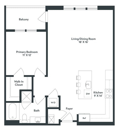 Floor plan for 1 bed, 1 bath, 922 sqft