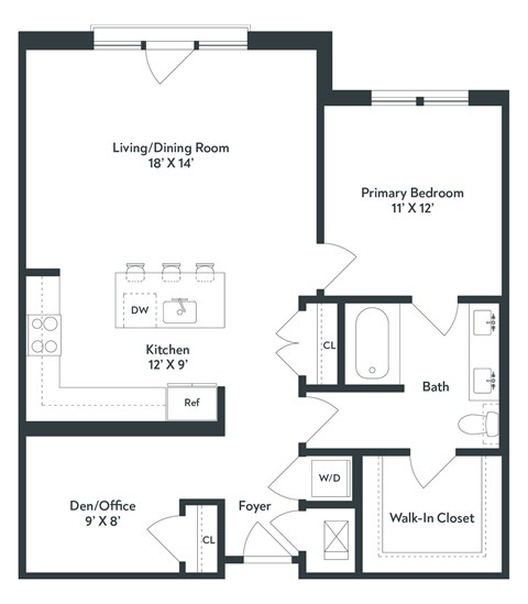 Floor plan for 1 bed, 1 bath, 946 sqft