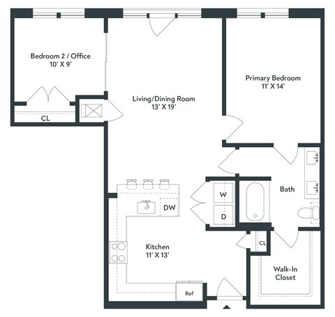 Floor plan for 1 bed, 1 bath, 986 sqft
