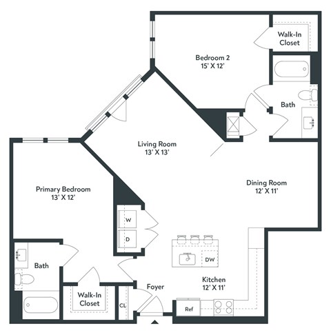 Floor plan for 2 beds, 2 baths, 1249 sqft