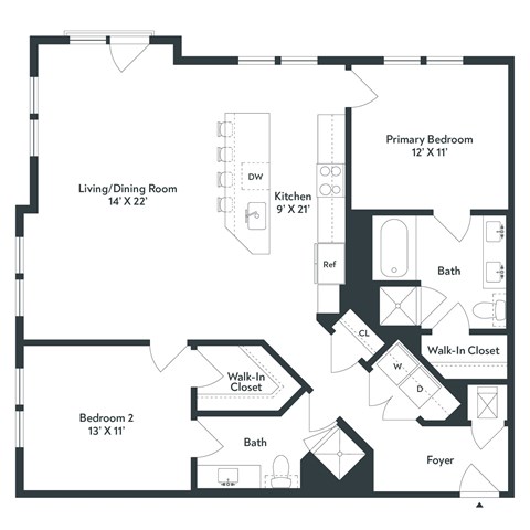 Floor plan for 2 beds, 2 baths, 1237 sqft