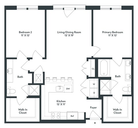 Floor plan for 2 beds, 2 baths, 1147 sqft