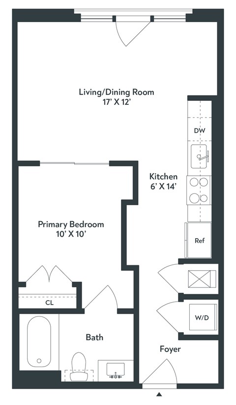 Floor plan for studio, 1 bath, 576 sqft