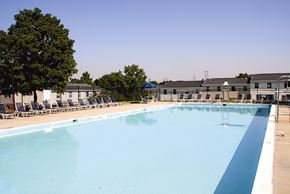 Glen Burnie townhouse for rent - A large outdoor swimming pool with blue water and lounge chairs.