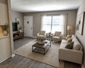 Louisville apartment for rent - A living room with a white sofa, a coffee table, and a television.