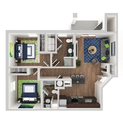 Floor plan for 2 beds, 2 baths, 1041 sqft