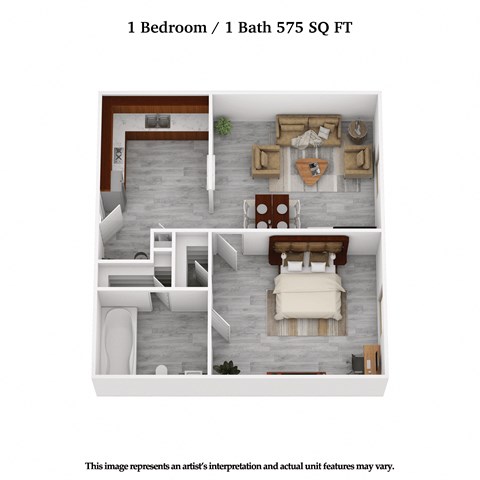 Floor plan for 1 bed, 1 bath, 575 sqft