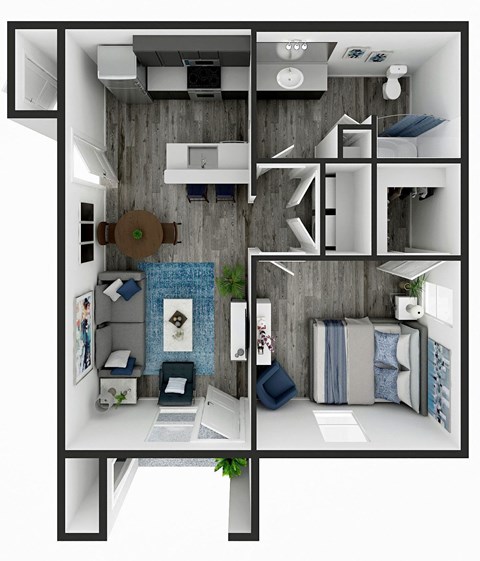 Floor plan for 1 bed, 1 bath, 722 sqft