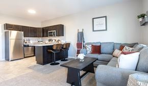 Richmond apartment for rent - A modern kitchen with a grey couch and a black table.