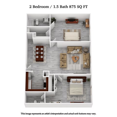 Floor plan for 2 beds, 1.5 baths, 875 sqft