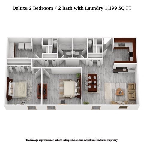 Floor plan for 2 beds, 2 baths, 1199 sqft