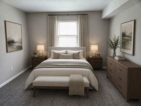 Louisville apartment for rent - A bedroom with a large bed, two nightstands, and a bench.