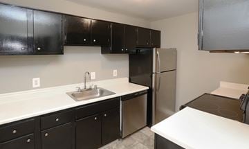 Lexington apartment for rent - A kitchen with black cabinets and a stainless steel refrigerator.