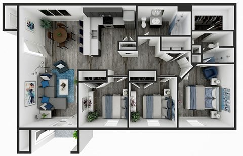 Floor plan for 3 beds, 2 baths, 1268 sqft