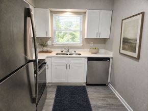 Louisville apartment for rent - A modern kitchen with white cabinets and a stainless steel refrigerator.