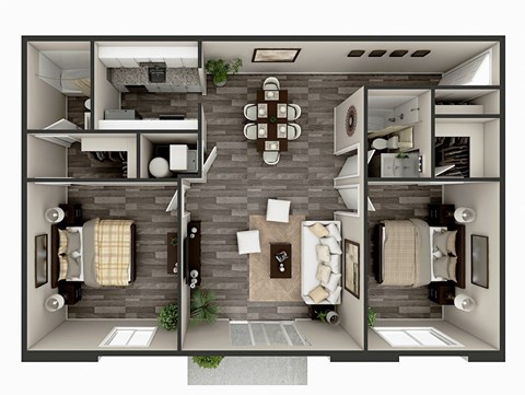 Floor plan for 2 beds, 2 baths, 940 sqft