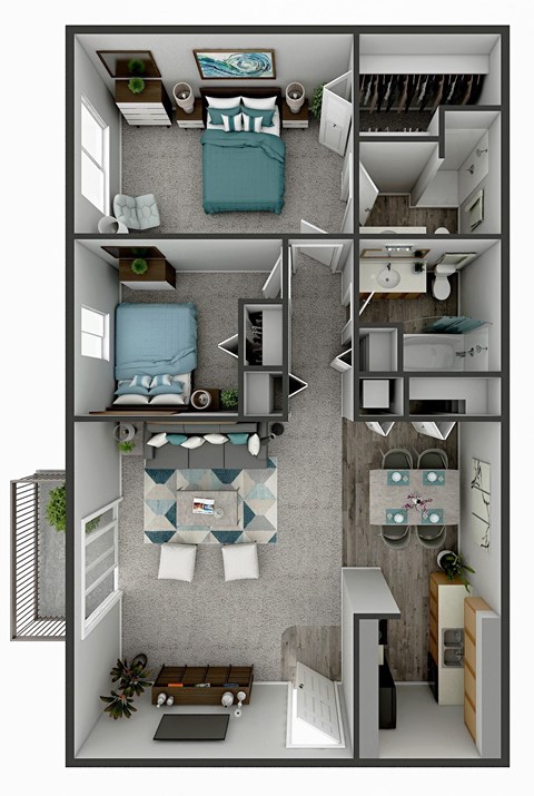 Floor plan for 2 beds, 2 baths, 945 sqft