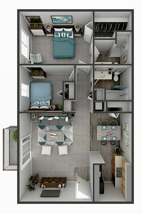 Floor plan for 2 beds, 2 baths, 945 sqft